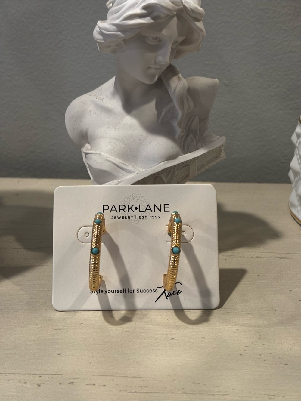 Park Lane RAE Hoop Earrings Gold Textured Ribbed Turquoise Accents NWOT
